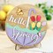 Hello Spring Wooden Table Sign, Spring Table Decor Wood Round Shape 3 Layers Design, Farmhouse Rustic Spring Desk Top Centerpiece with Stand for Mantel Home Decorative (10 * 10 inches)